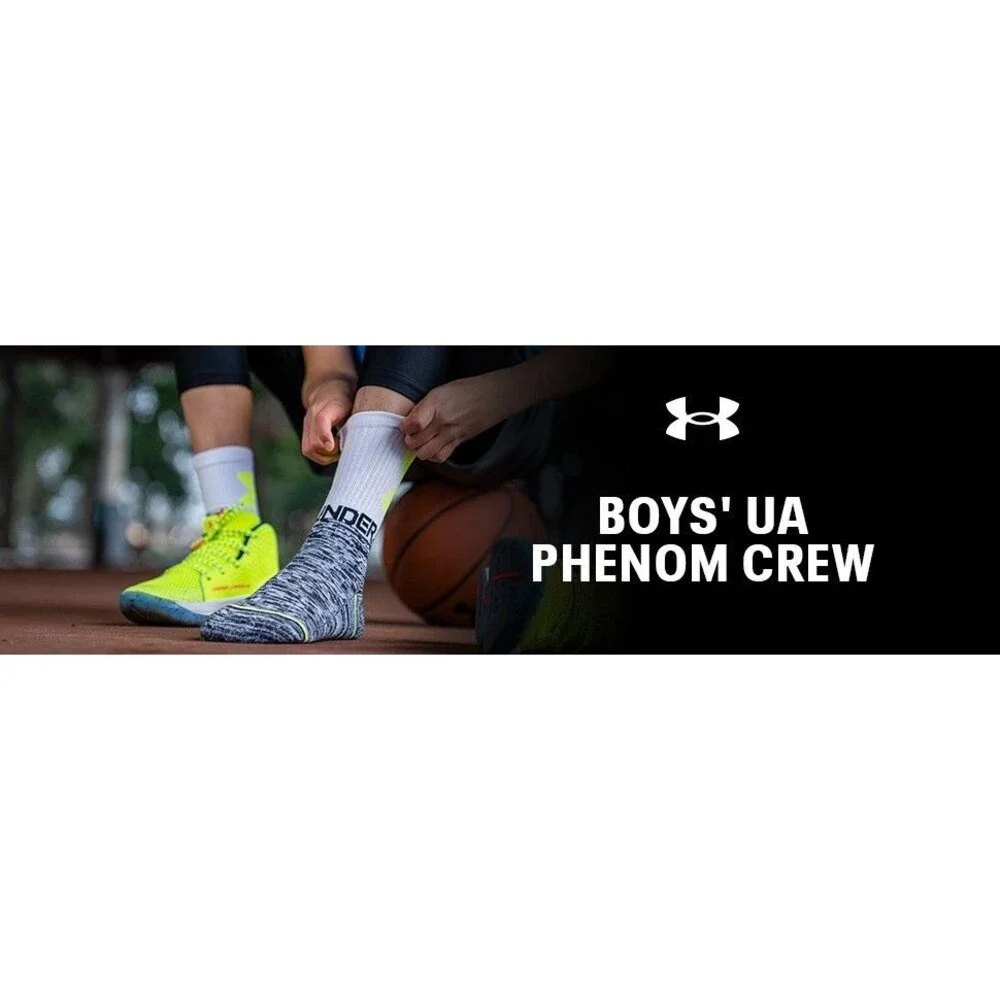 Under Armour UA Phenom Cushioned Crew Socks Youth 4Y - 8Y 3 Pack Yellow Boys New